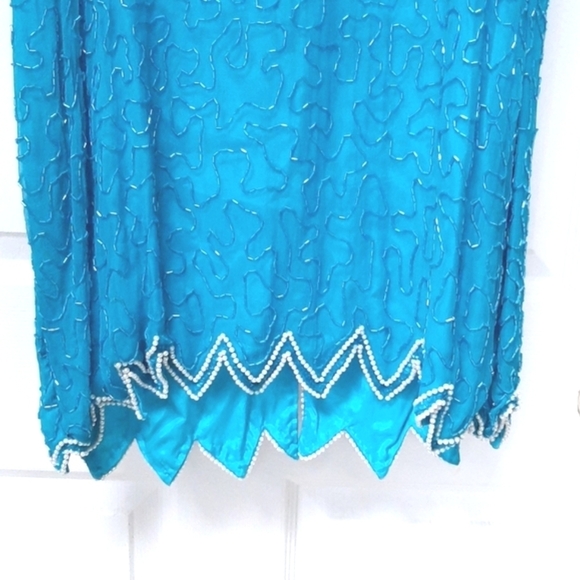 Beaded Midi Lined Dress XL 12-14 Pearl Jawbite Hem Turquoise Aqua Blue ex beads - Picture 3 of 12